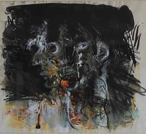 double facemask drawing in white gouache, pastel and ink on paper