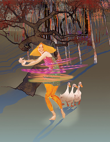 Goldilocks dancing along path accompanied by 3 ducks