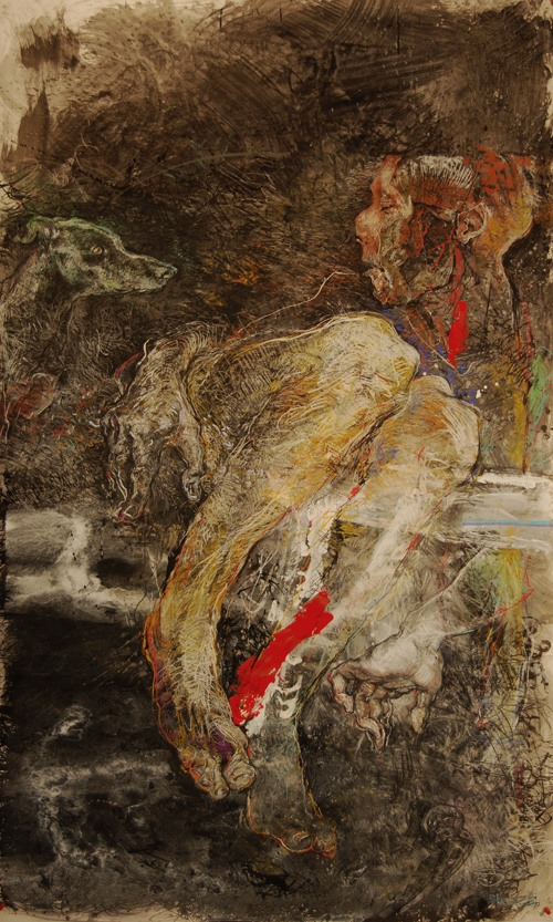 drawing of dog looking at man - in charcoal, pastel and acrylic on paper