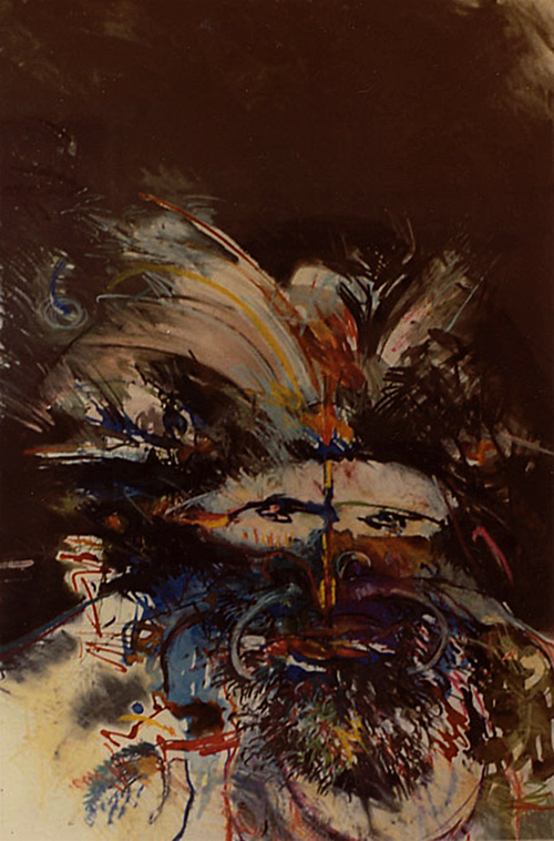 male figure wearing papuan headdress - drawing in charcoal, ink, gouache and pastel