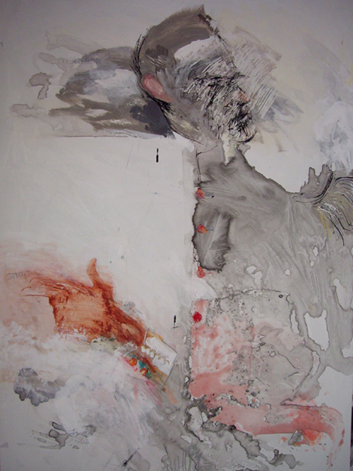 figure wearing dress uniform - drawing in ink, wash over wax resist, acrylic and silverpoint on composite board