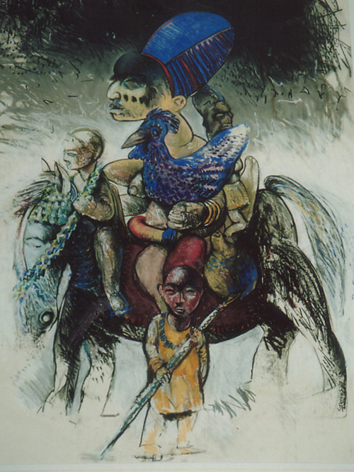 drawing of family group on horseback in charcoal, pastel, oil pastel and ink on paper