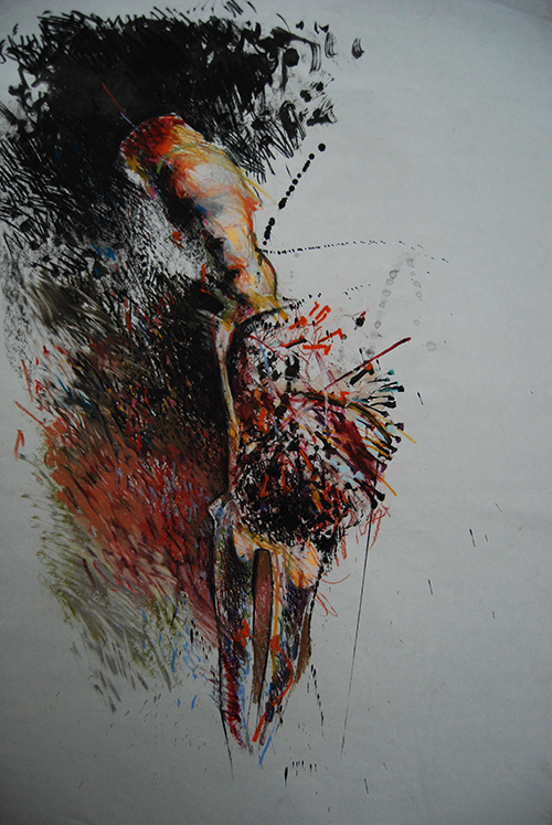 drawing in charcoal, pastel and ink on paper of fetish object
