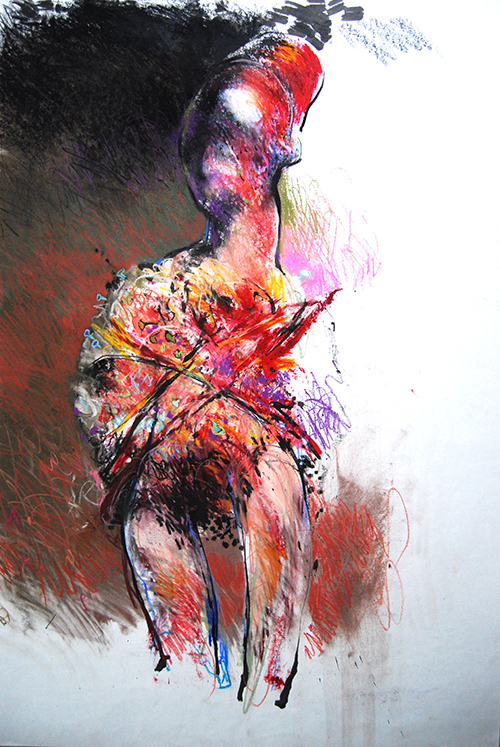 african tribal fetish object - drawing in charcoal, pastel, ink and gouache on paper