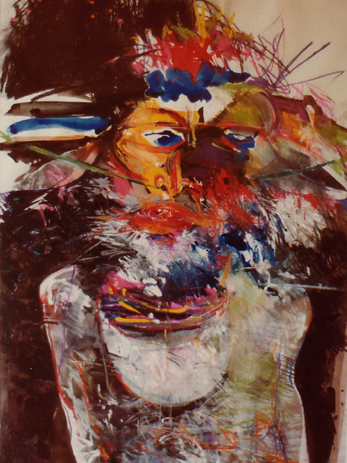 male figure in tribal body paint - drawing in charcoal, pastel, gouache and ink