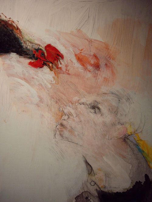 man hypnotizing rooster - ink and acrylic on composite boardacrylic