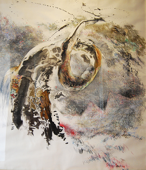 twisted tree with pyramids - drawing in ink, charcoal and pastel on paper