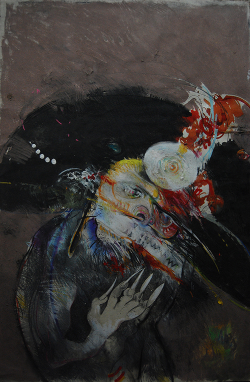 witch doctor with long finger nails drawing in charcoal, pencil, pastel, ink and gouache on paper